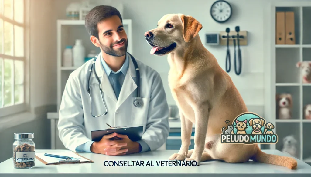 Perro sentado en una mesa veterinaria mientras el veterinario consulta con el dueño sobre la salud y nutrición