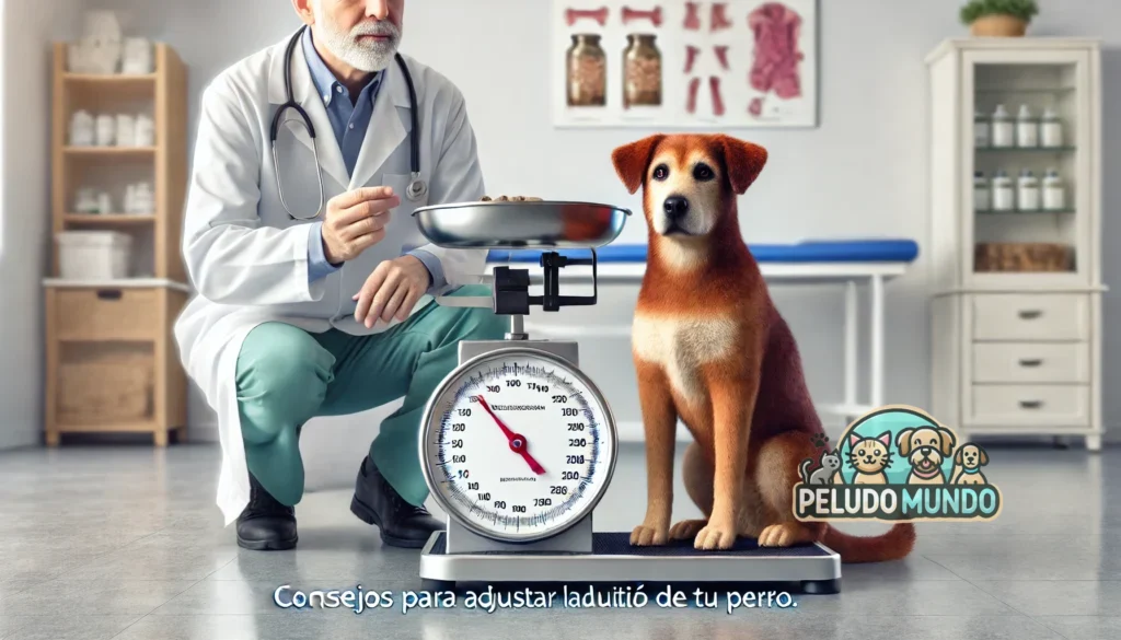 Perro siendo pesado en una báscula con un veterinario cerca