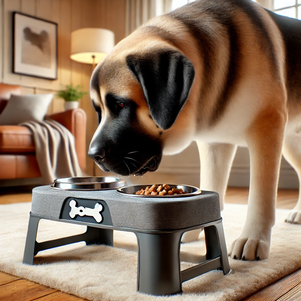 Perro grande comiendo de un comedero elevado sobre un soporte resistente