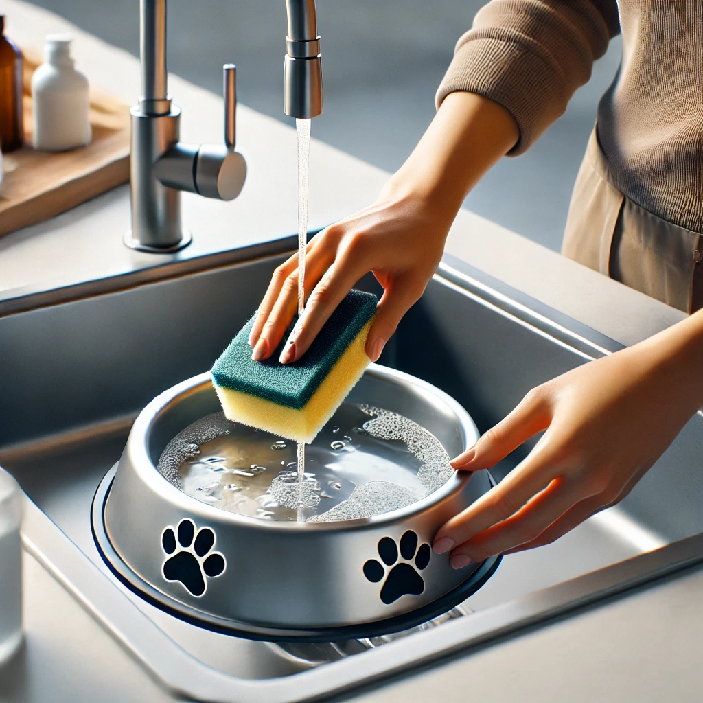 Comedero para perros siendo lavado en un fregadero para mantener la higiene