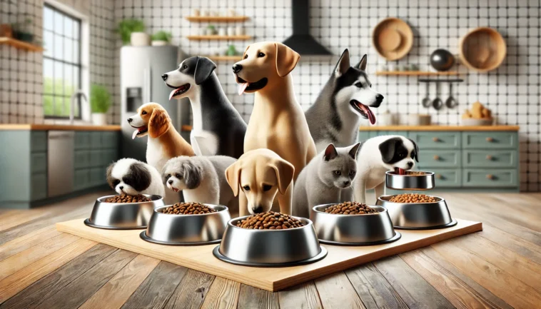Diversos comederos para perros, incluyendo acero inoxidable, elevado y lento, utilizados por perros de diferentes tamaños