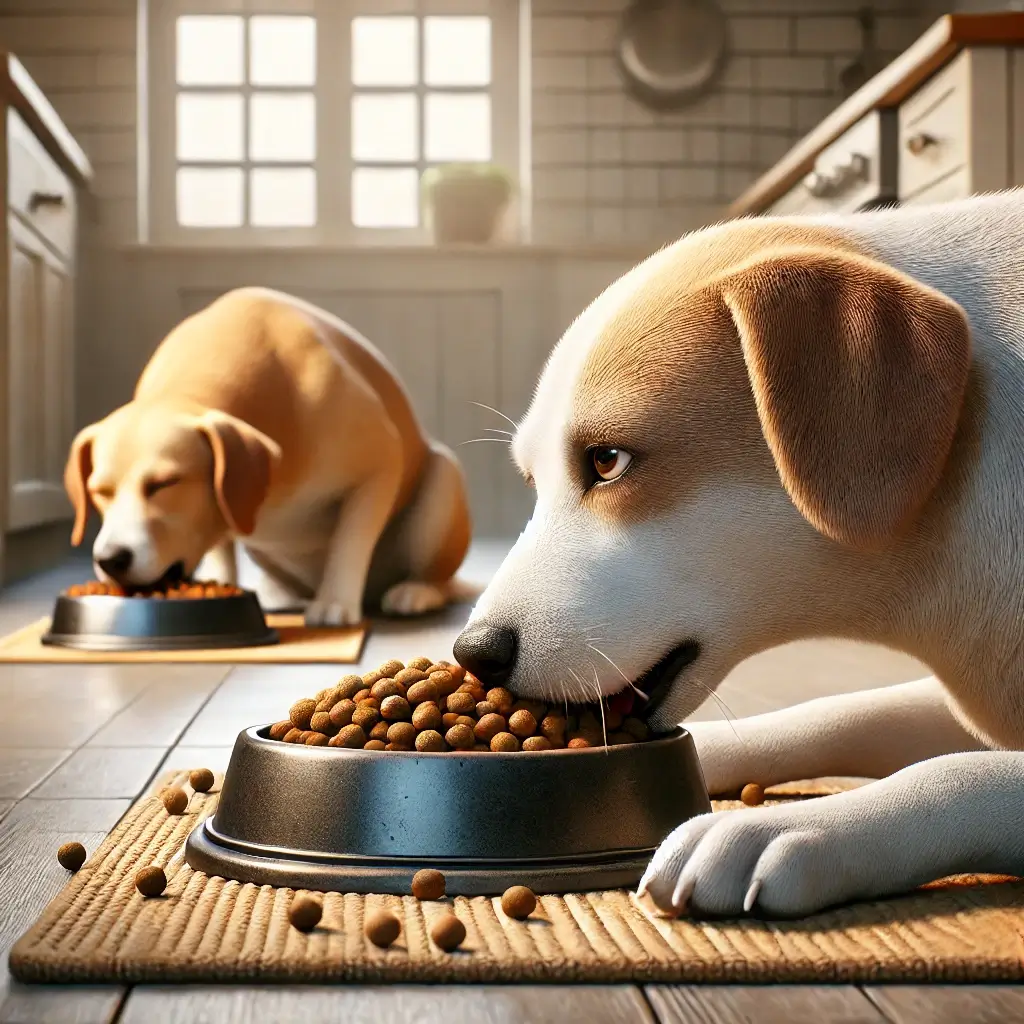 Perro comiendo tranquilamente de su comedero mientras otro perro come más rápido en el fondo