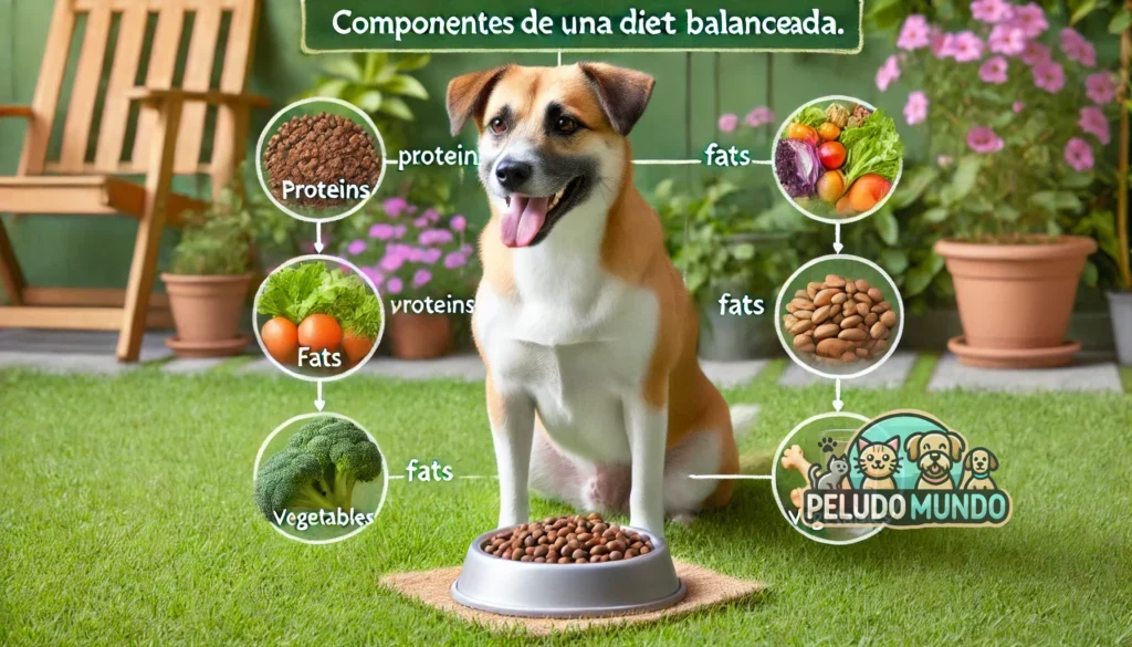 Perro comiendo de un tazón con una mezcla de proteínas, grasas y vegetales