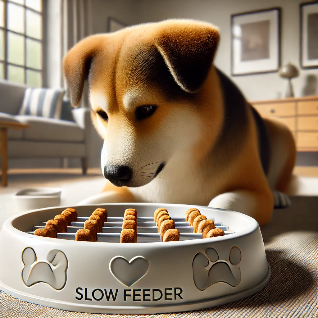 Perro comiendo de un comedero lento con obstáculos para ayudarlo a comer más despacio